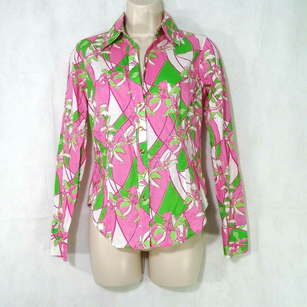 Lilly Pulitzer Blouse Top Women Size 0 Pink Green - Picture 2 of 8